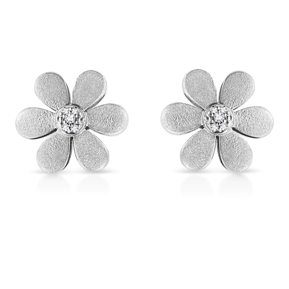 Haus of Brilliance Matte Silver Diamond Accent Flower Hoop Stud Earrings - Picture 1 of 5